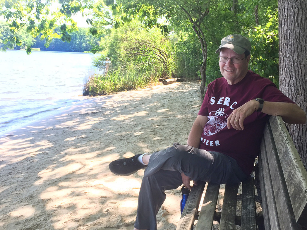 Man sitting on bench on beach