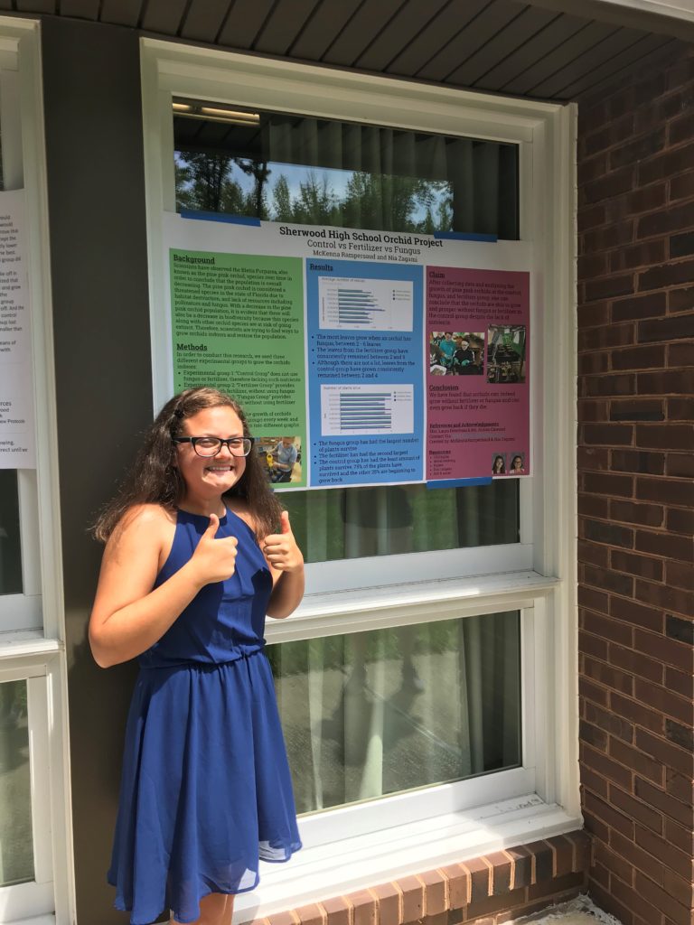 Girl giving two thumbs up in front of an orchid poster.
